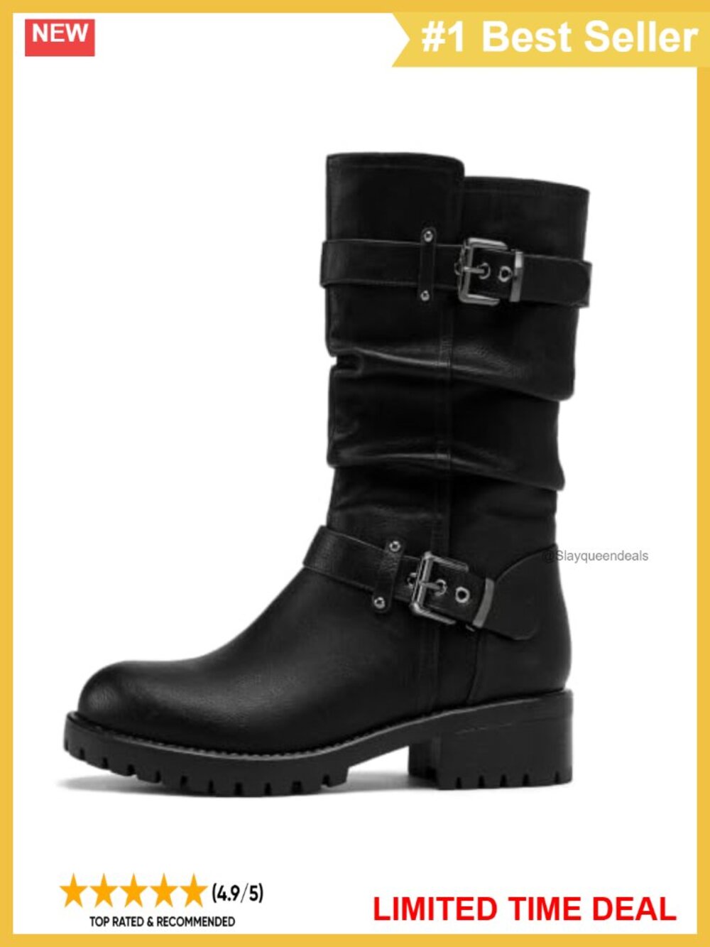 Wide Width Mid Calf Motorcycle Boots Faux Leather Block Heel